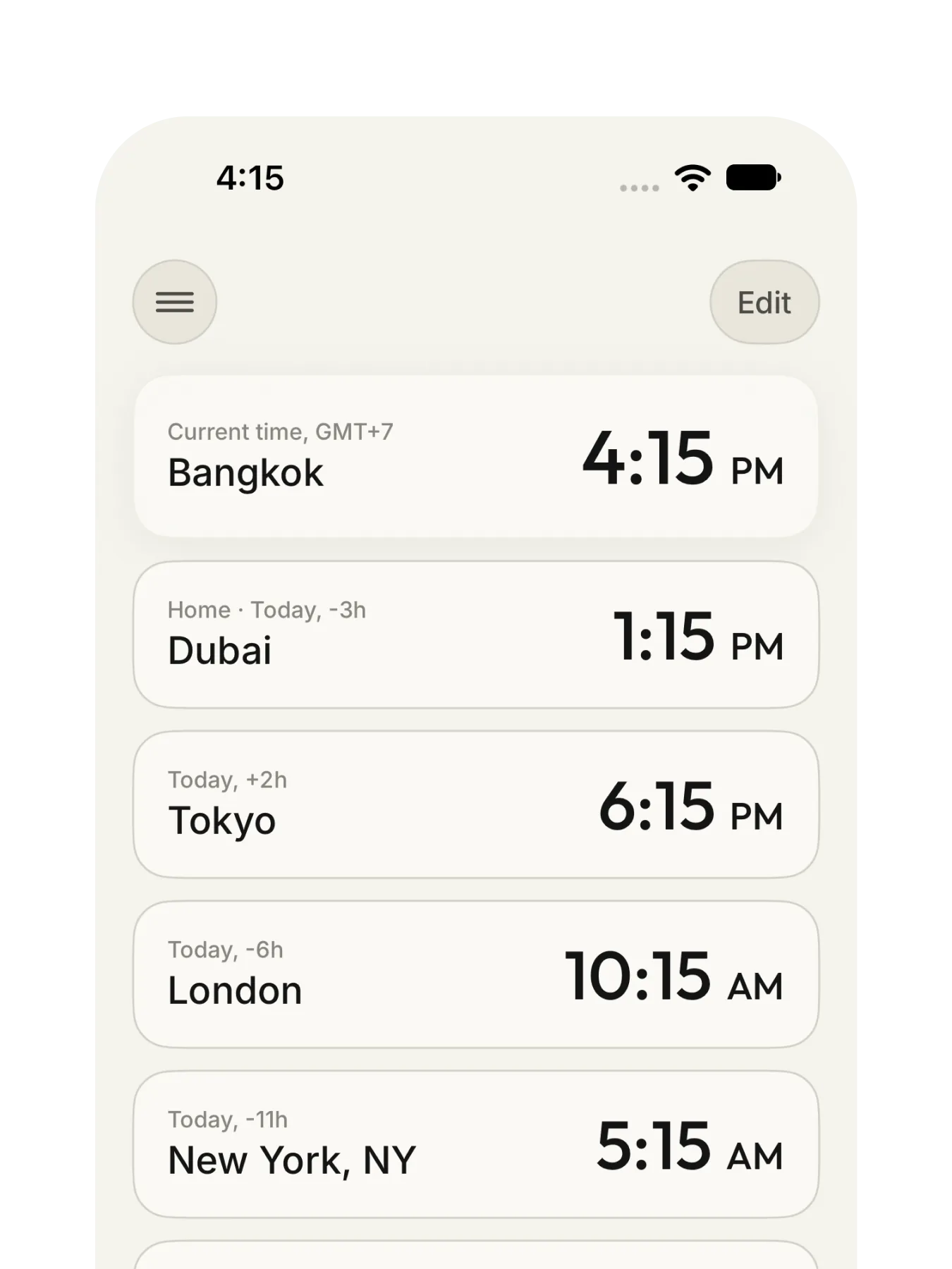 JustConvert world clock screen